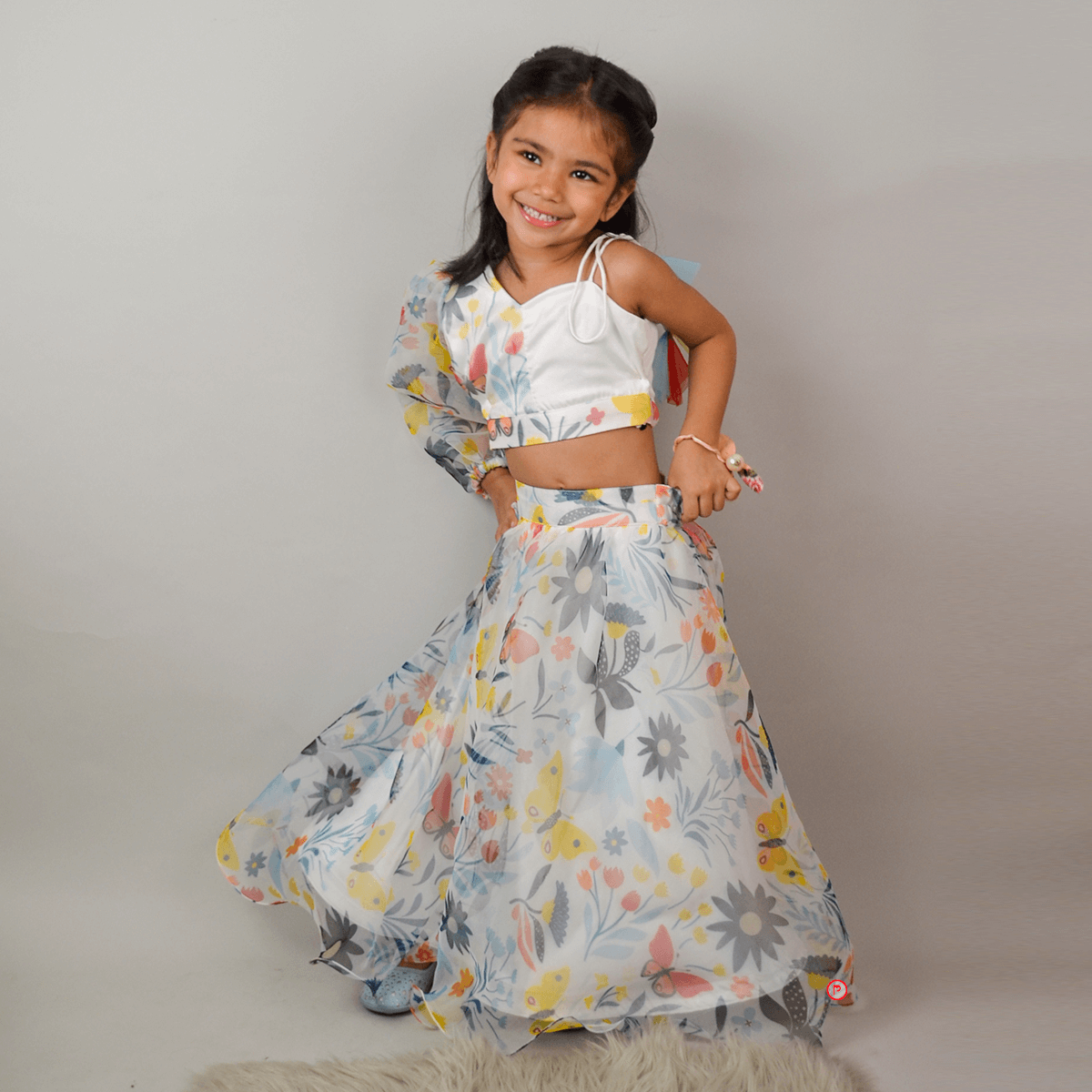 White Floral Printed organza Lehenga