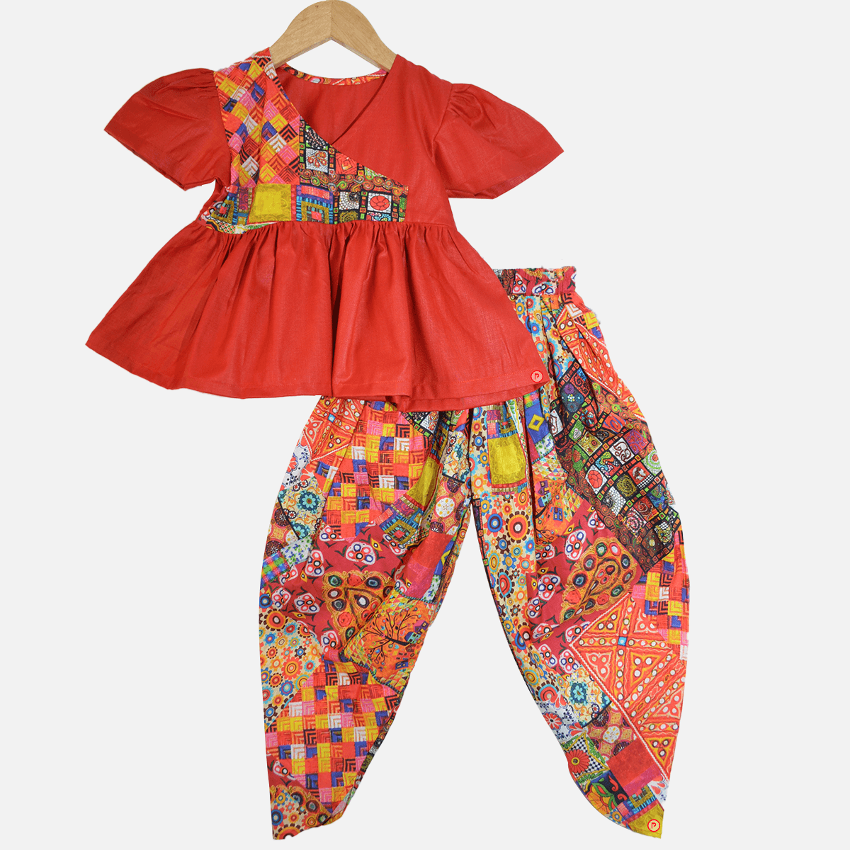 Classy Red Angarkha Top with Printed Dhoti - Picco Ricco 