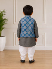 BOYS GREY KURTA SET WITH PRINTED JACKET
