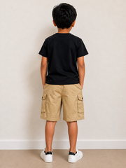 BOYS BLACK AND BEIGE SHORTS SET WITHBUNNY EMBROIDERY