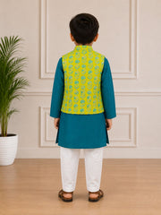 BOYS FEROZI KURTA SET WITH YELLOW PRINTED JACKET