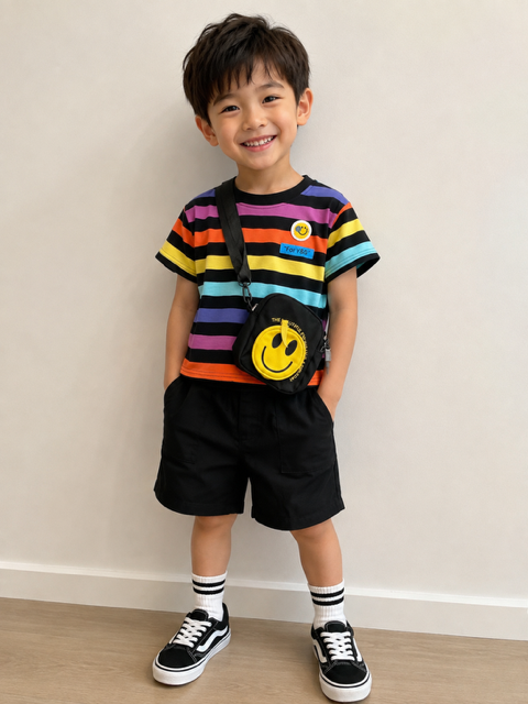 BOYS MULTI STRIPED SHORTS SET WITH BAG