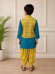 BOYS FEROZI KURTA WITH YELLOW PRINTED JACKET AND DHOTI