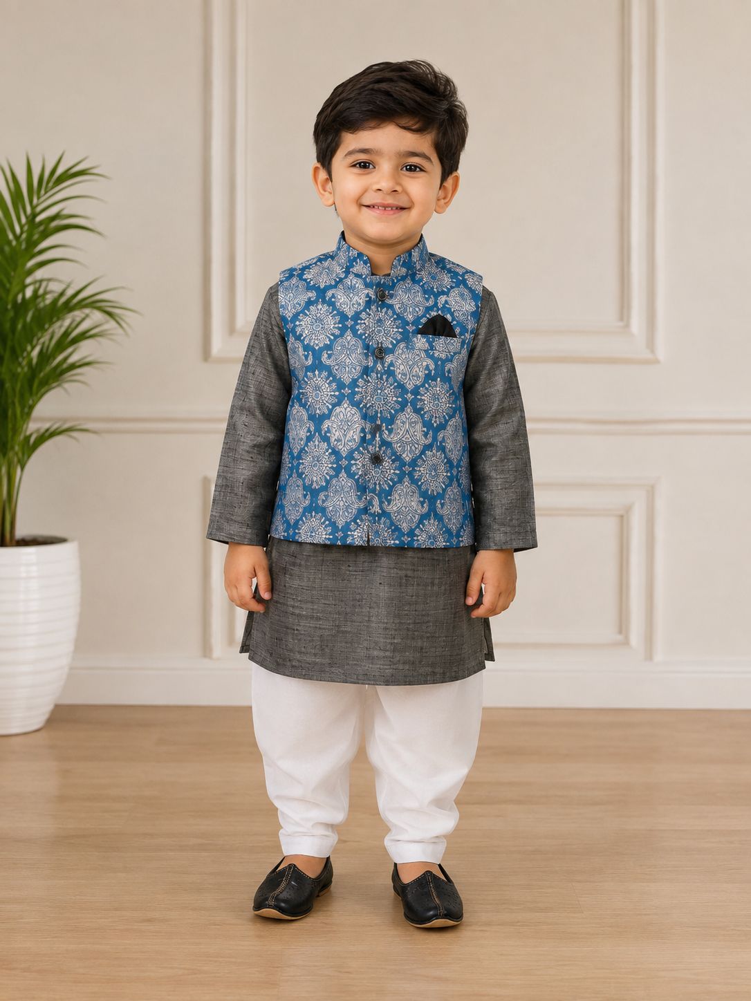 BOYS GREY KURTA SET WITH PRINTED JACKET