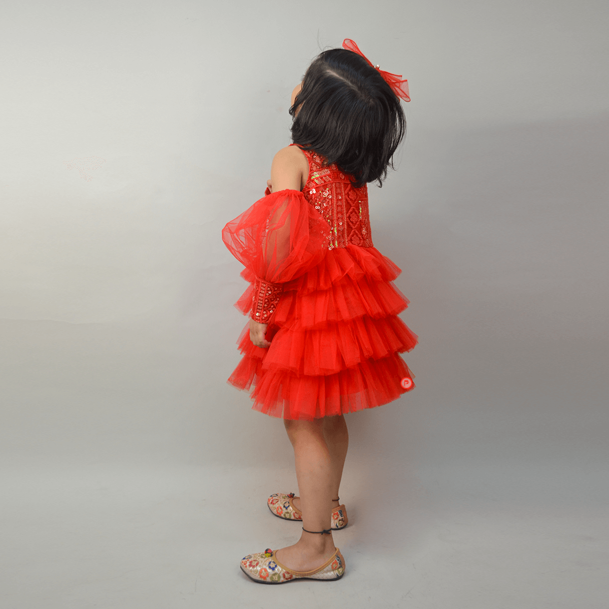 Red Sequence Work Ruffle Dress