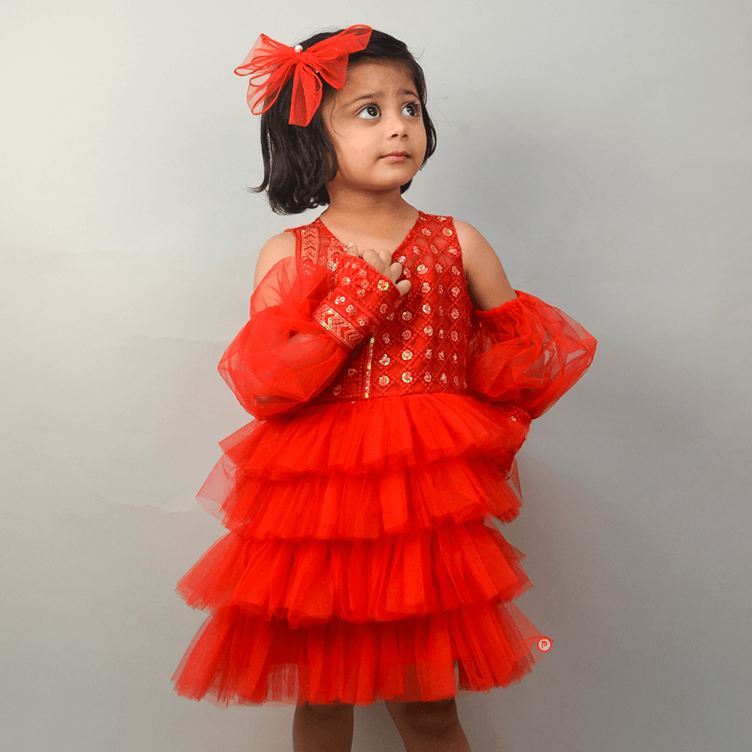 Red Sequence Work Ruffle Dress