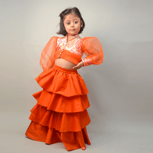 Load image into Gallery viewer, Orange Indo Western Crop Top And Skirt
