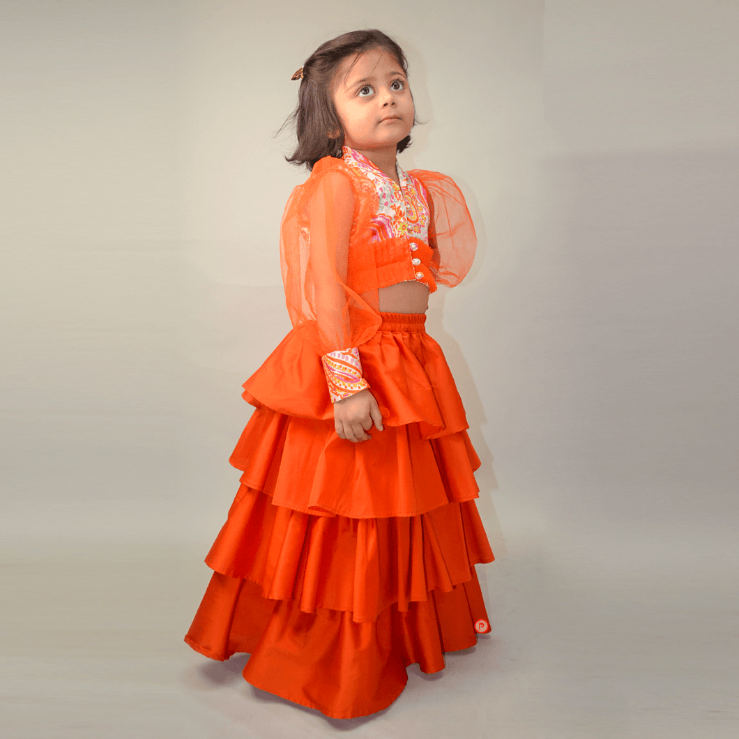 Orange Indo Western Crop Top And Skirt