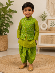 BOYS GREEN COTTON KURTA WITH JACKET AND DHOTI