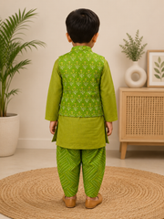 BOYS GREEN COTTON KURTA WITH JACKET AND DHOTI
