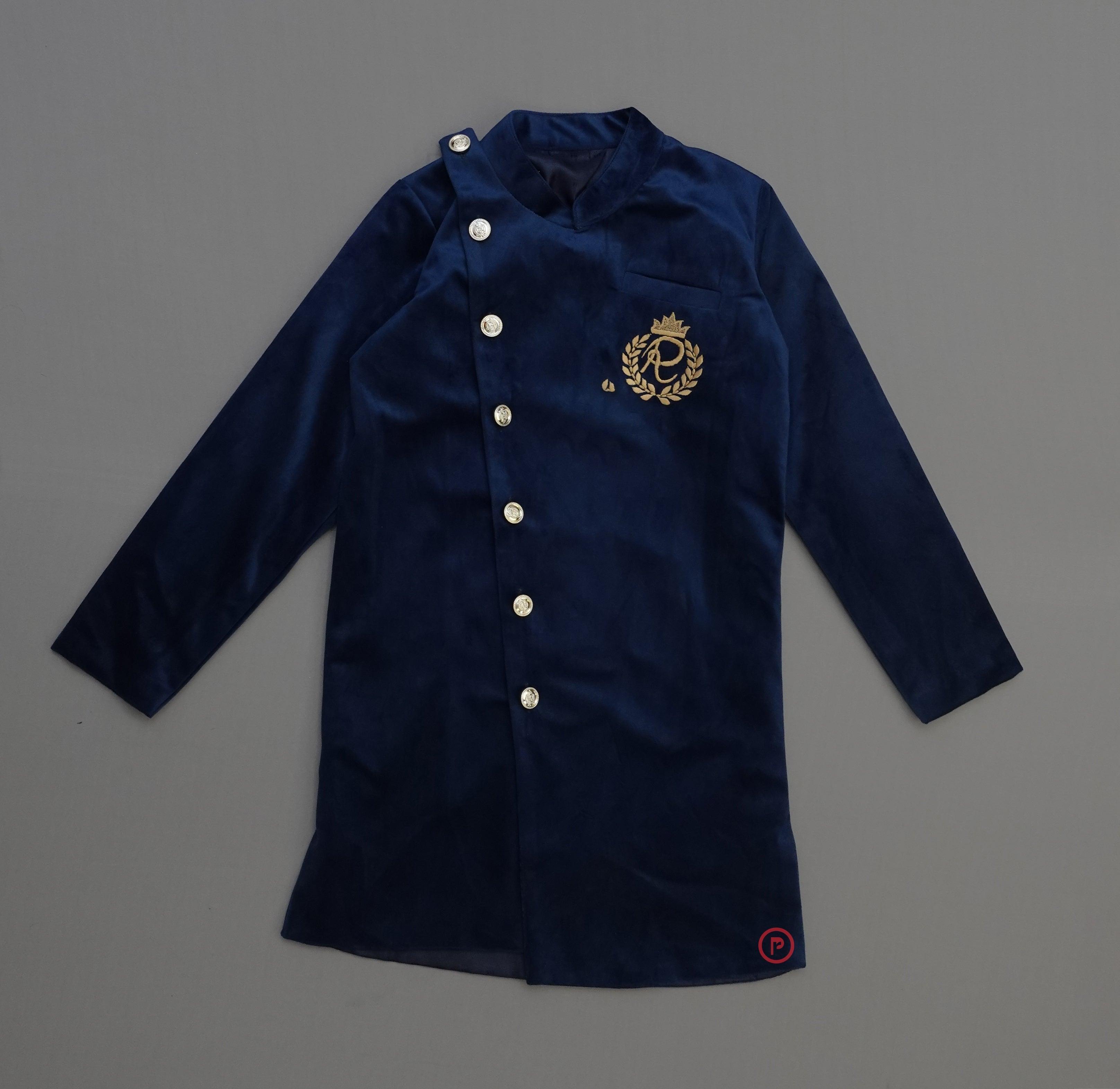 Blue Velvet Angrakha Sherwani with Dhoti