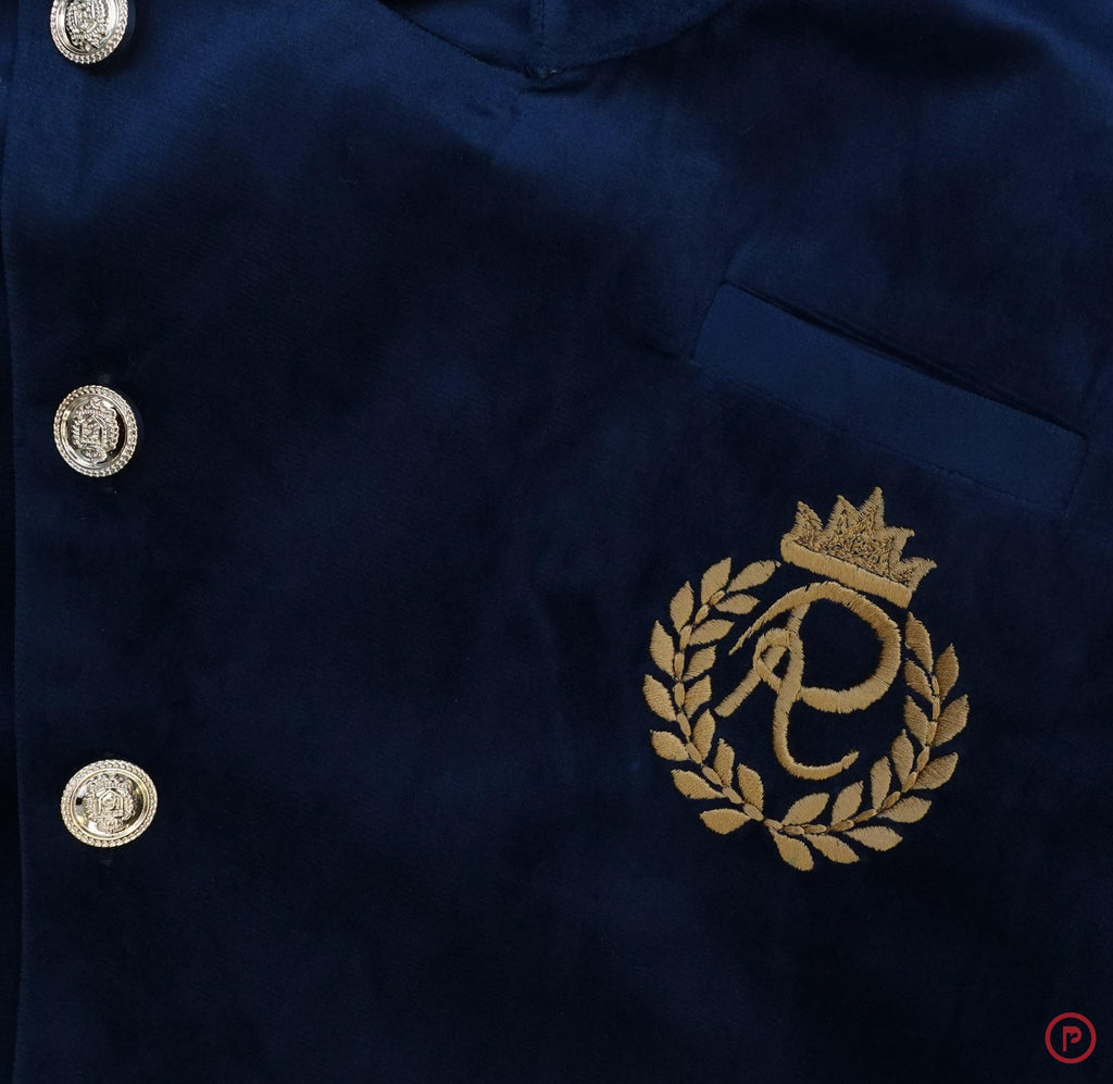 Blue Velvet Angrakha Sherwani with Dhoti