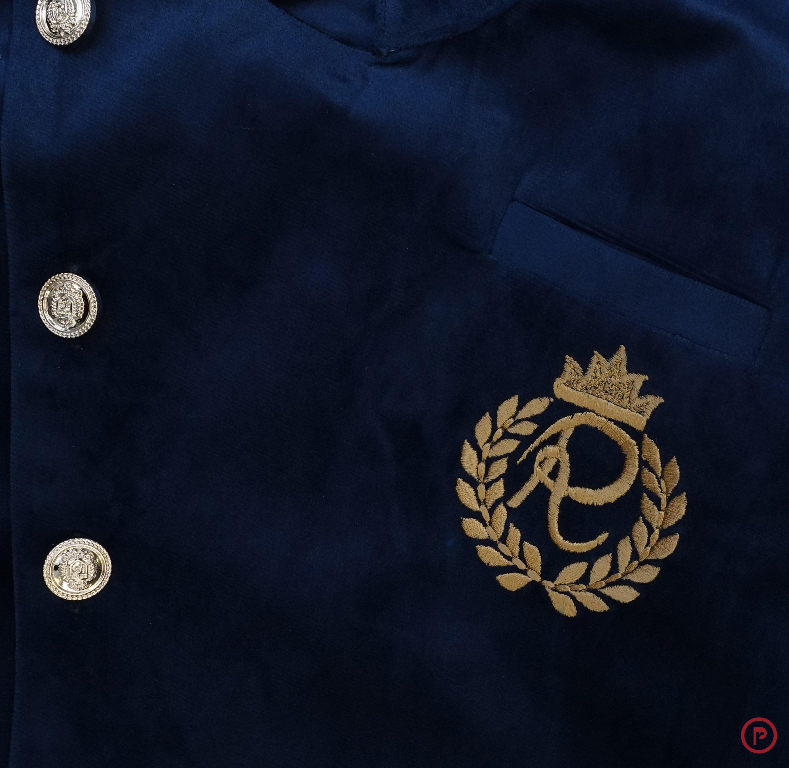 Blue Velvet Angrakha Sherwani with Dhoti