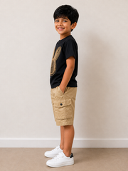 BOYS BLACK AND BEIGE SHORTS SET WITHBUNNY EMBROIDERY