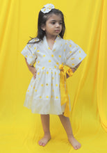 Load image into Gallery viewer, Offwhite and Yellow polka handblock printed dress
