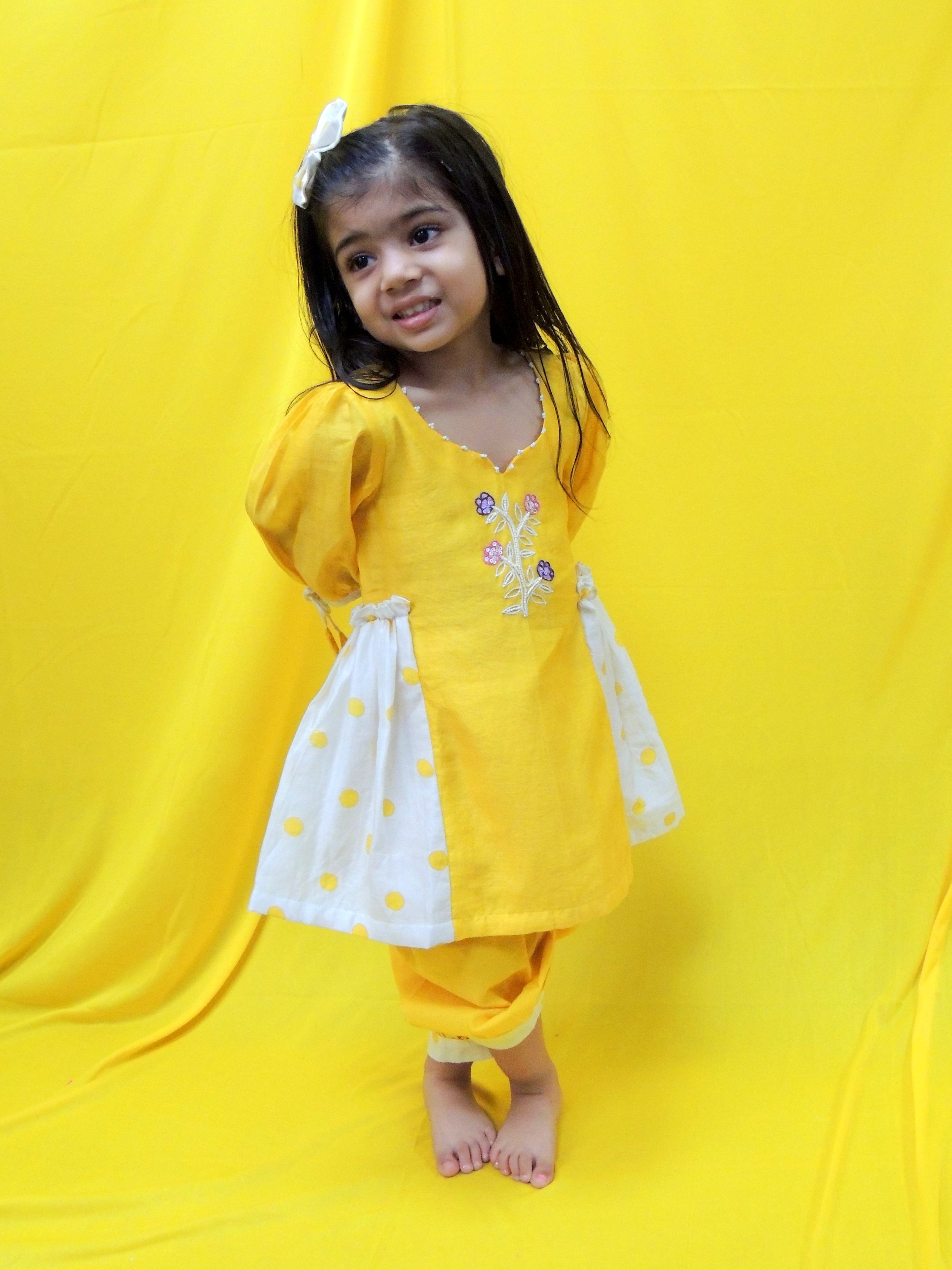 Offwhite and yellow polka handblock printed set .