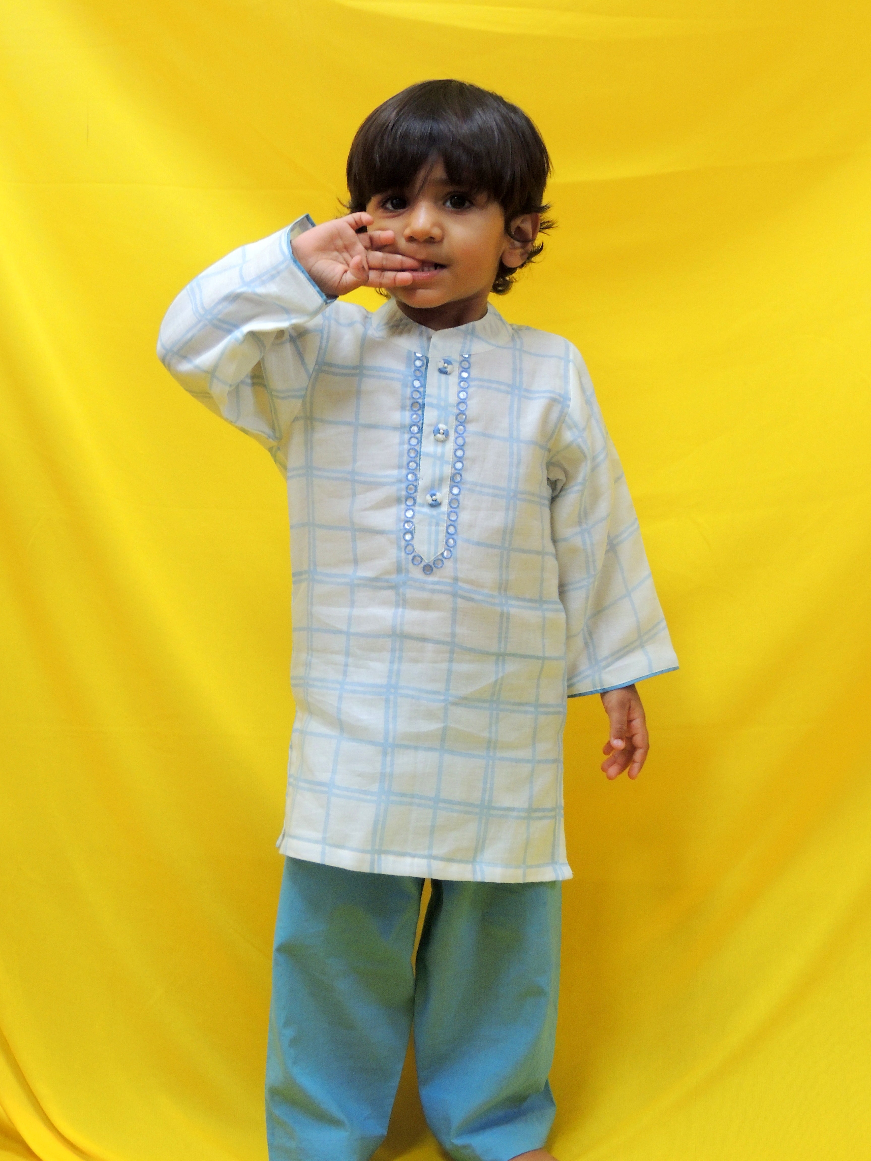 Offwhite blue checks kurta with pajama