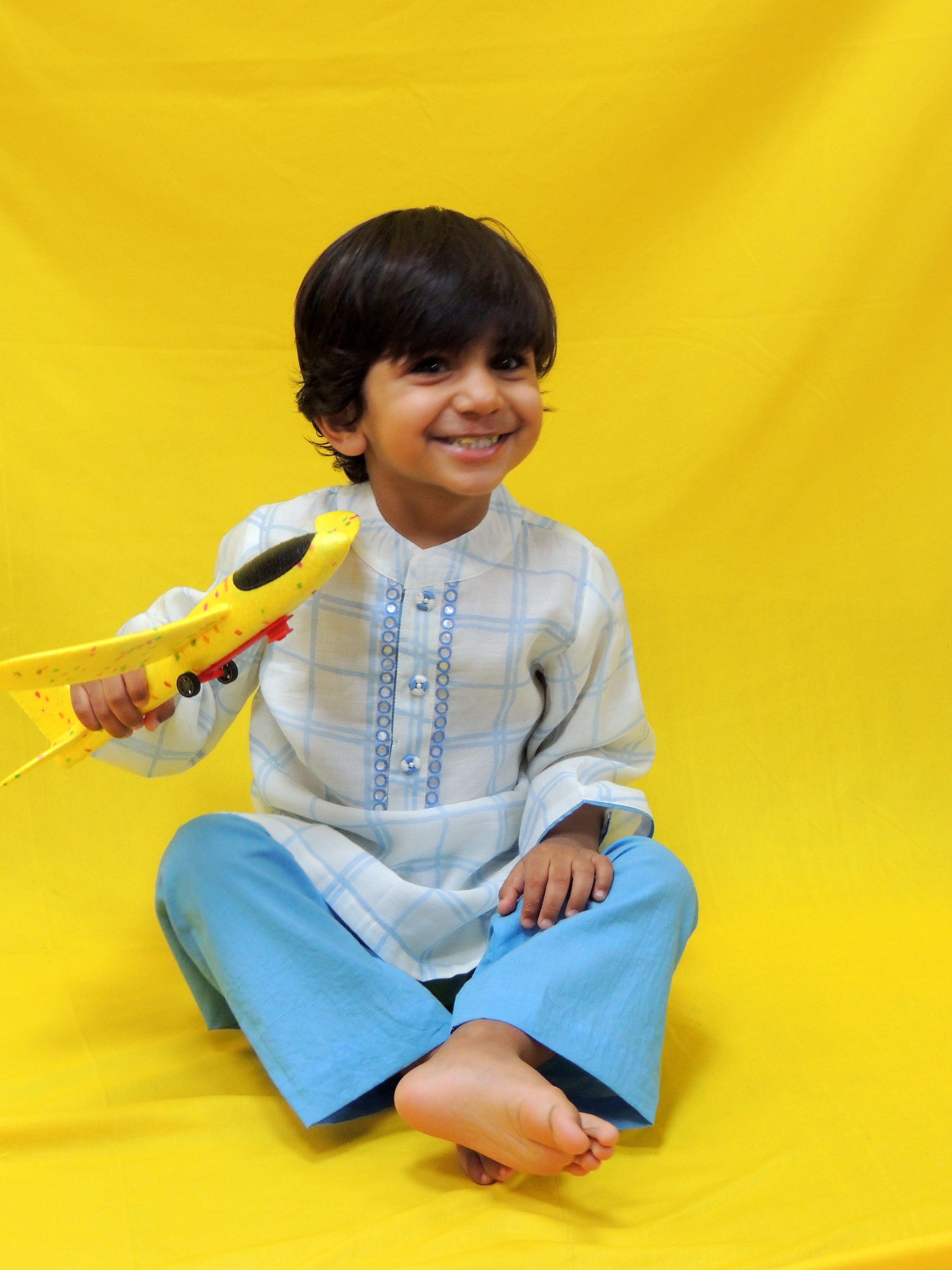 Offwhite blue checks kurta with pajama