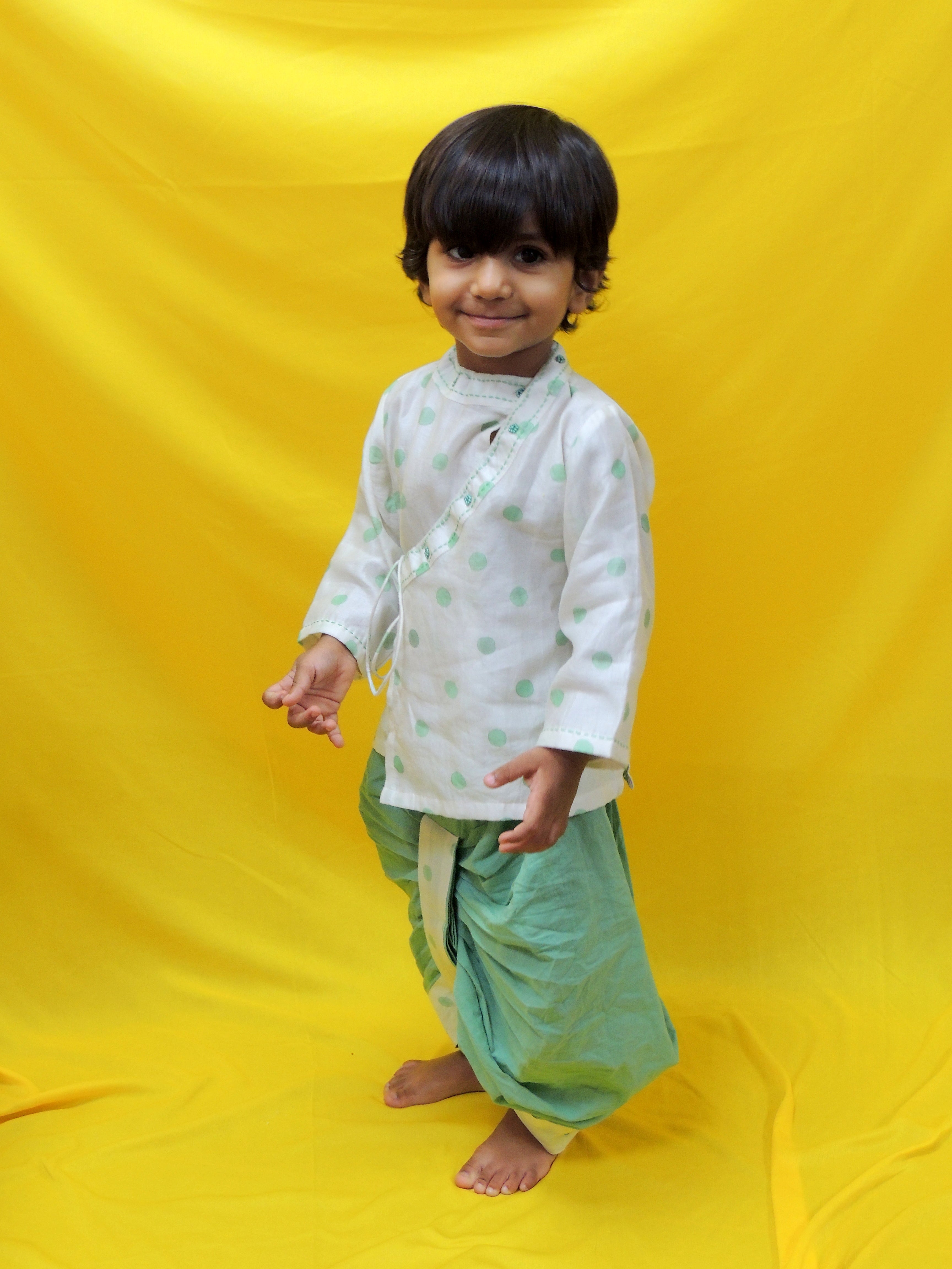 Offwhite and green angrakha kurta with Dhoti set