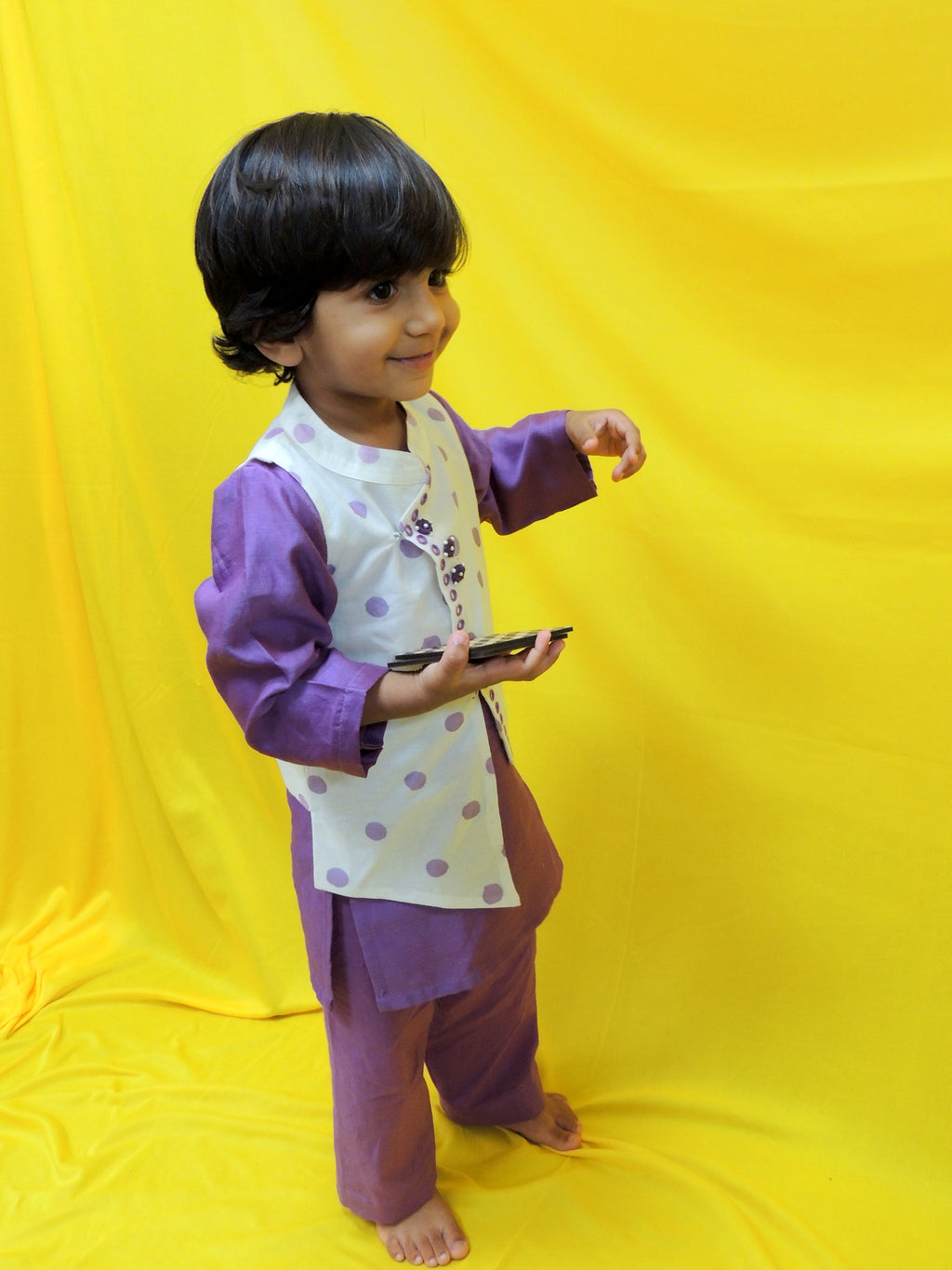 Offwhite and purple polka dot handblock printed jacket kurta set