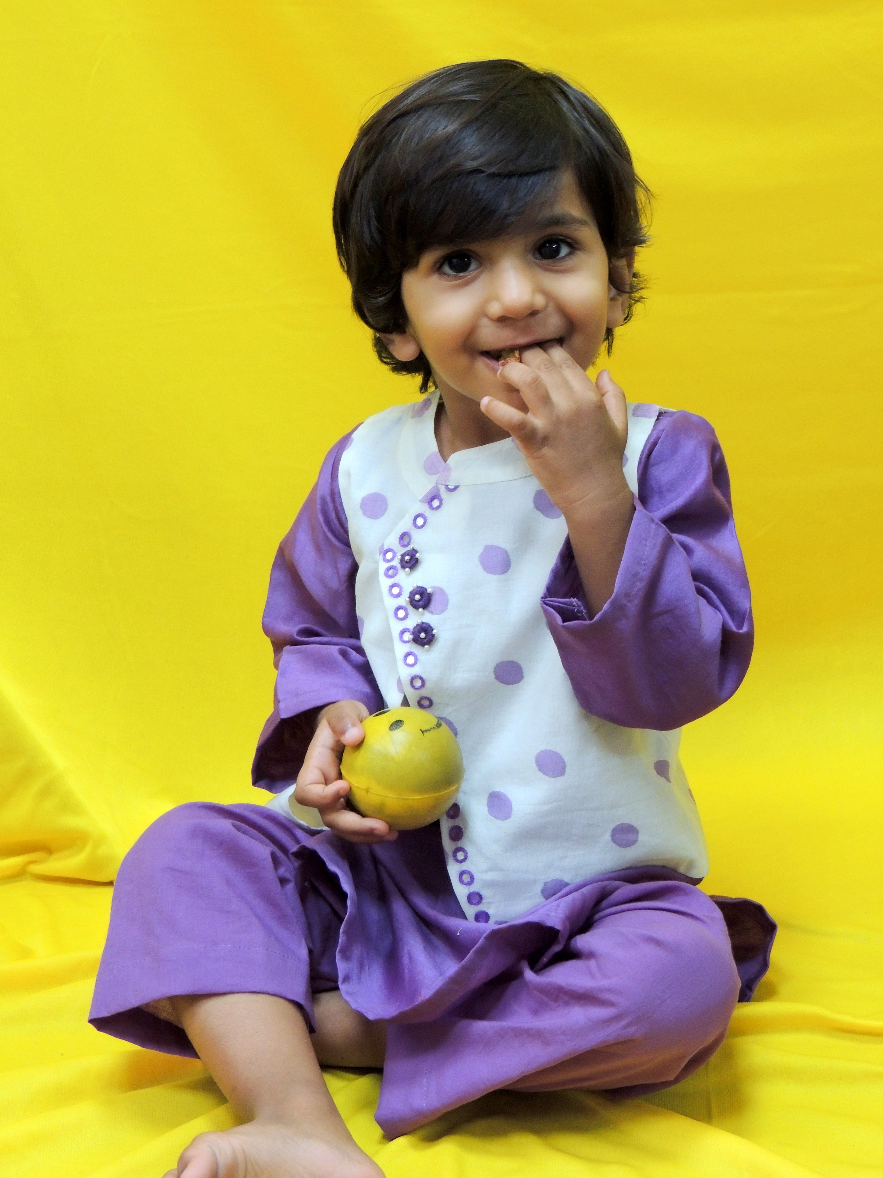 Offwhite and purple polka dot handblock printed jacket kurta set