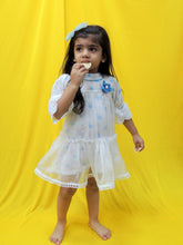 Load image into Gallery viewer, Organza and off white blue handblock printed polka Dress
