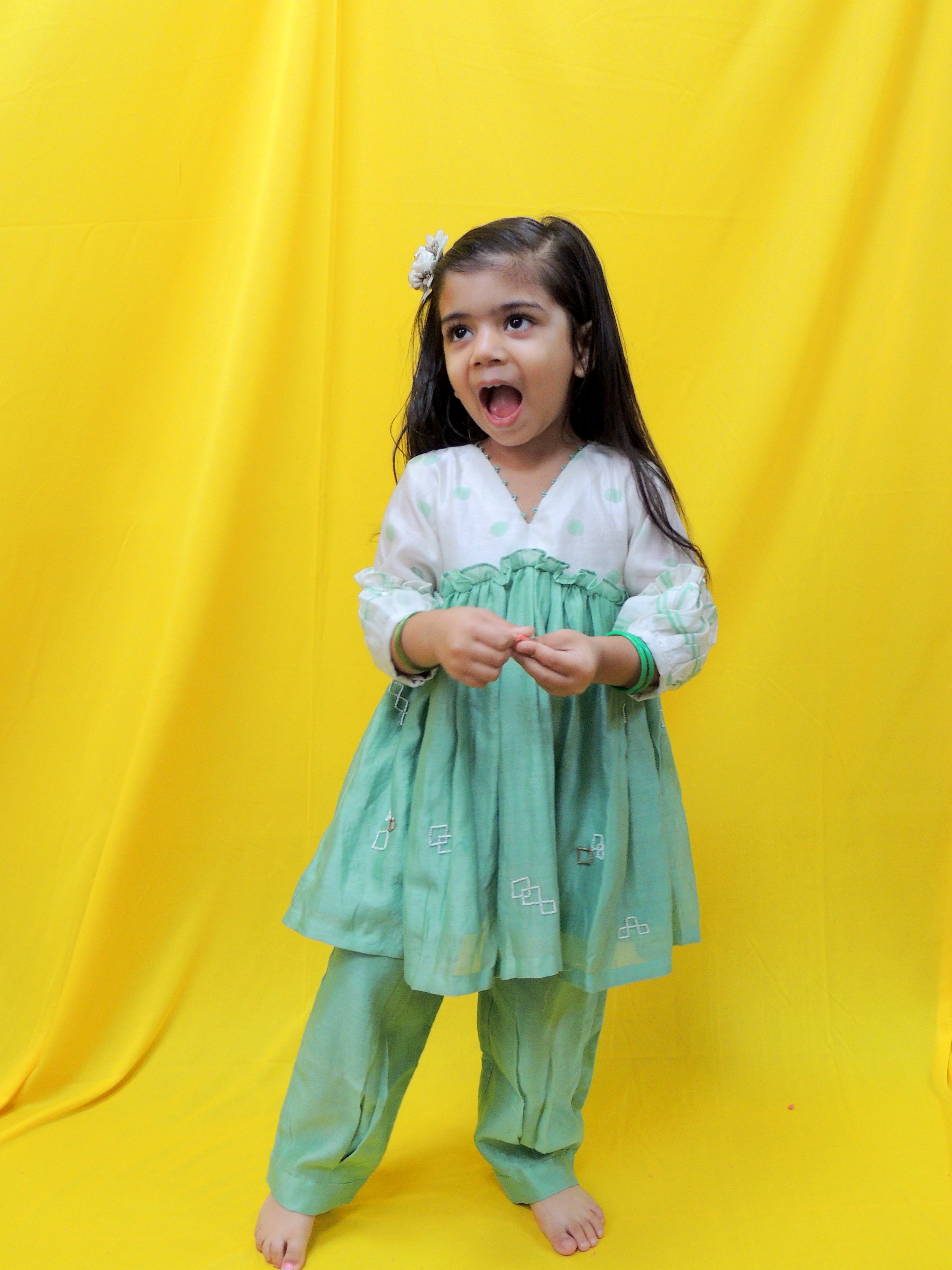 Offwhite and green polka dot and checks handblock printed kurta set