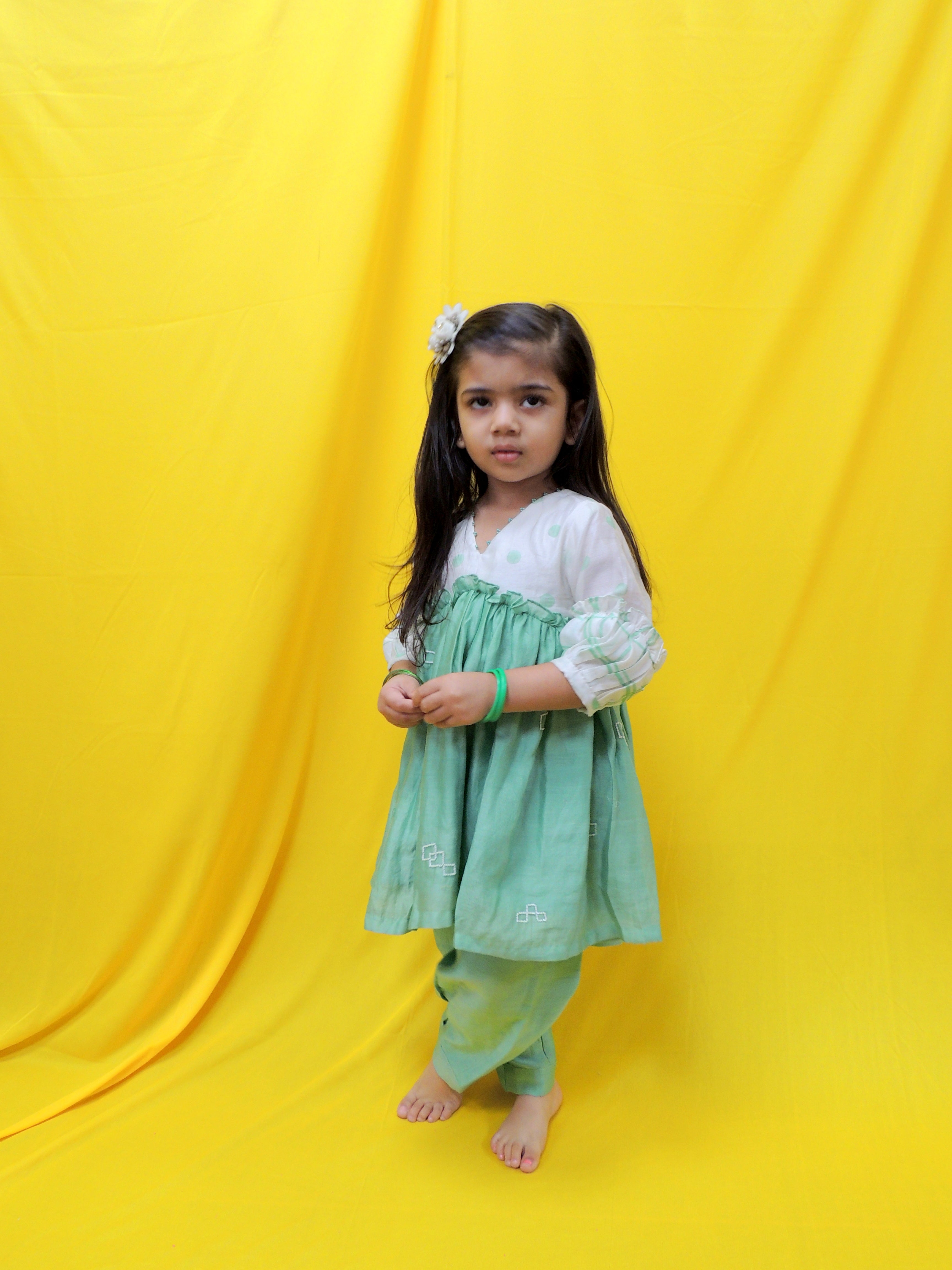 Offwhite and green polka dot and checks handblock printed kurta set