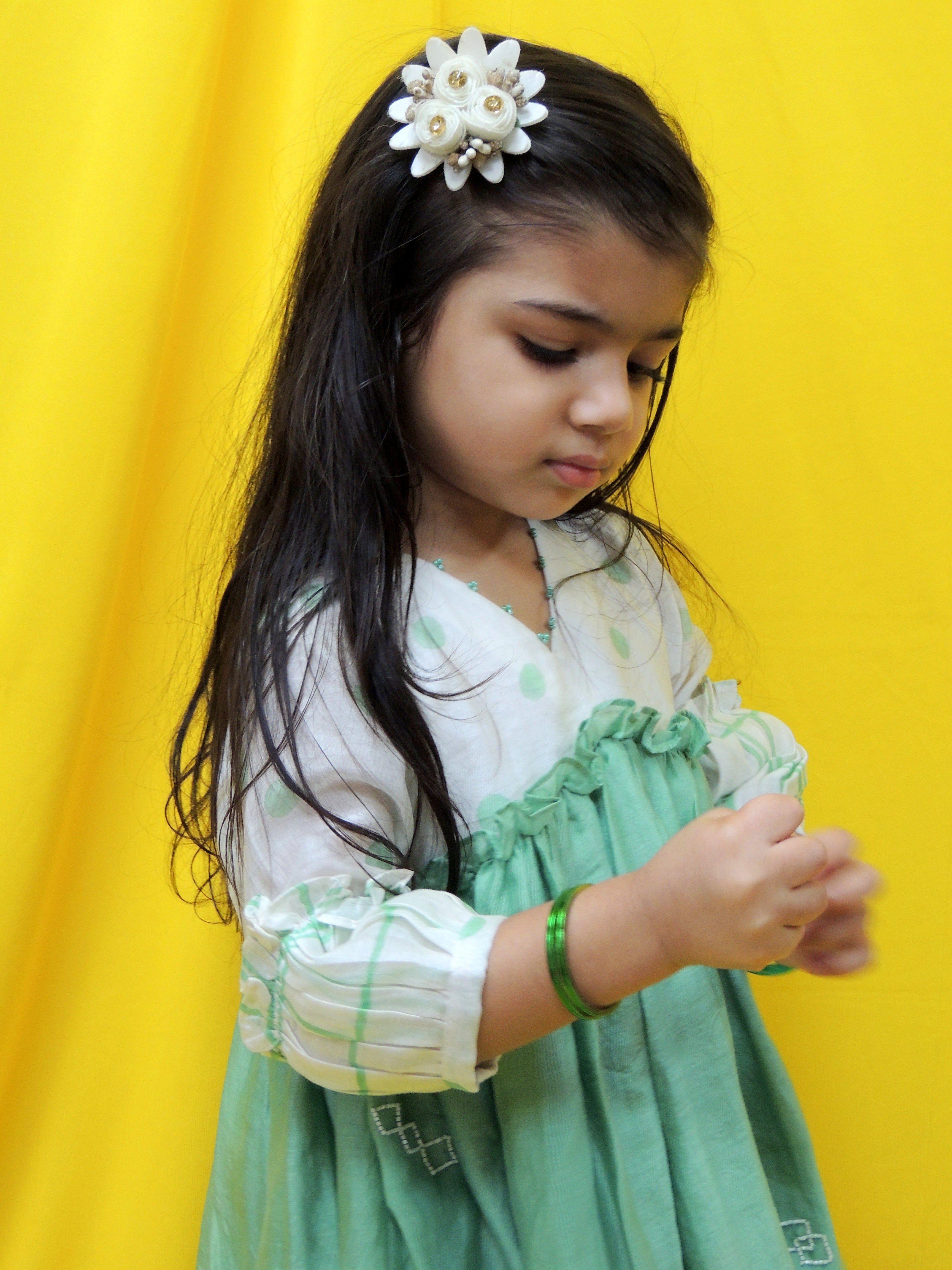 Offwhite and green polka dot and checks handblock printed kurta set