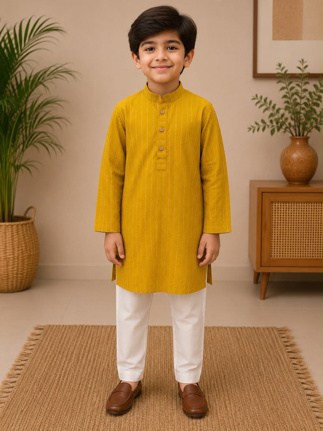 BOYS MUSTARD KURTA WITH KANTHA WORK SET