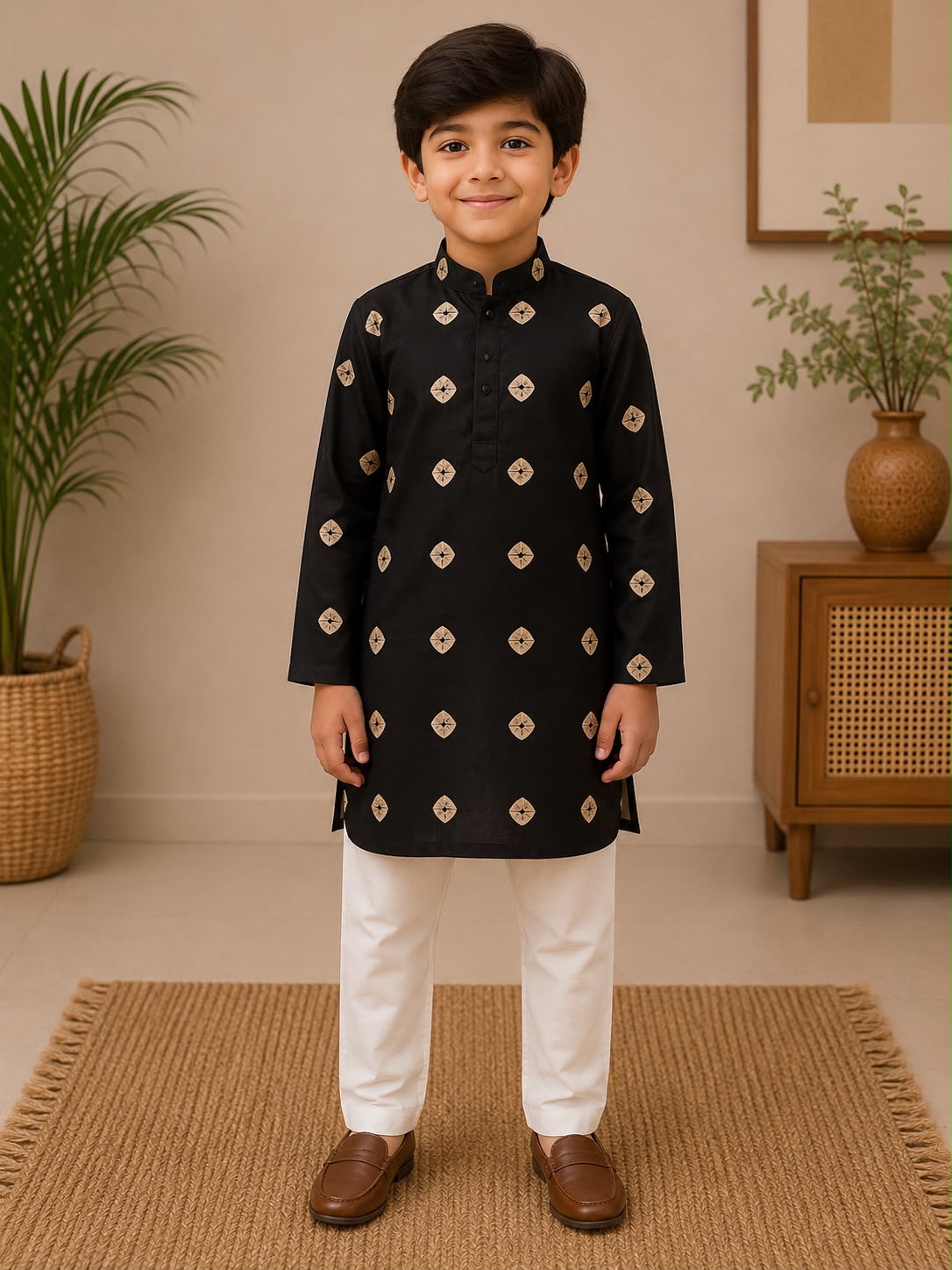BOYS BLACK MODAL SATIN KURTA SET