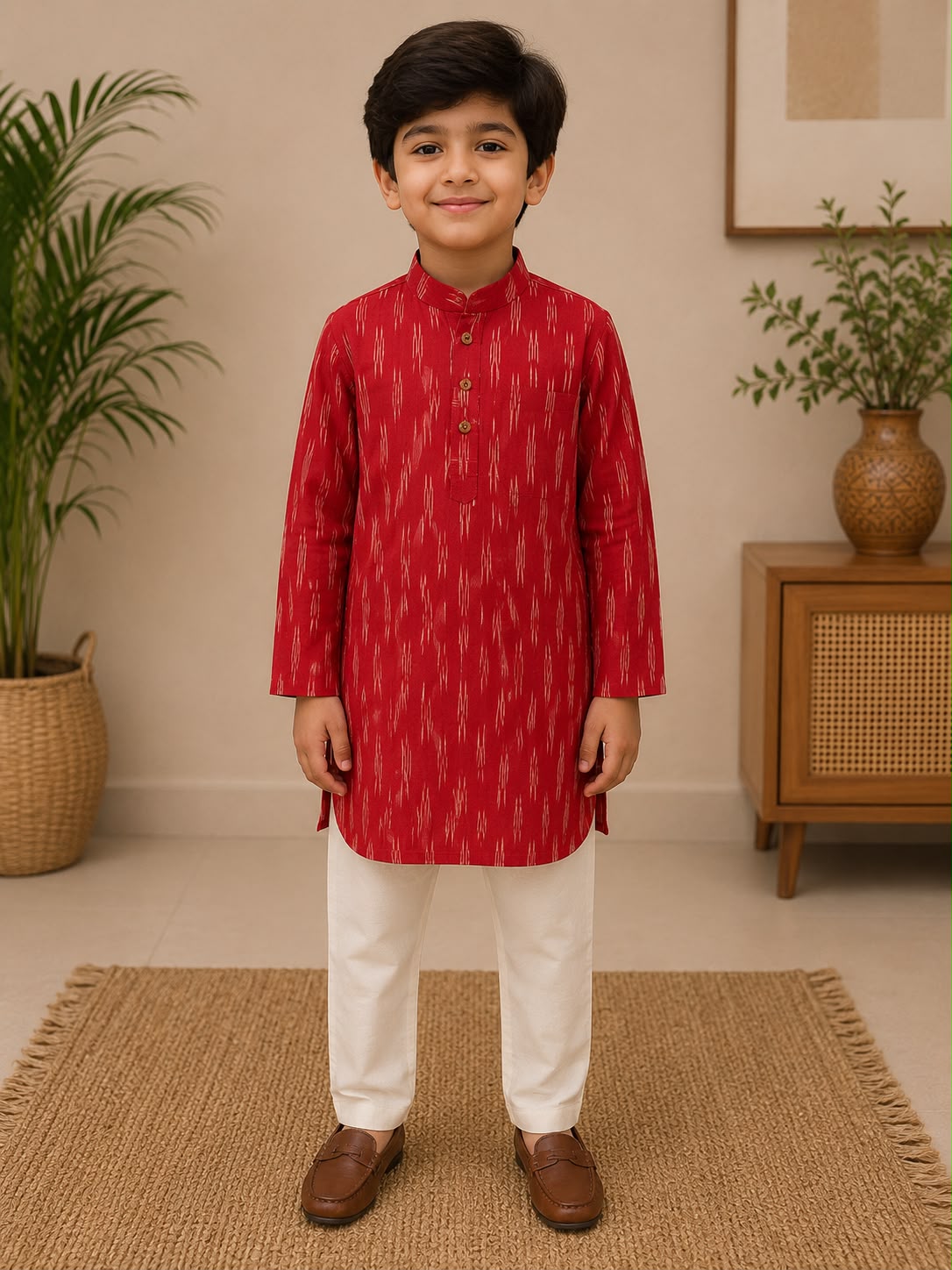 BOYS RED PATOLA PRINT KURTA SET
