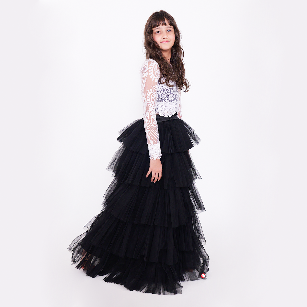 Organza Embroidery Top with Layered Black Skirt
