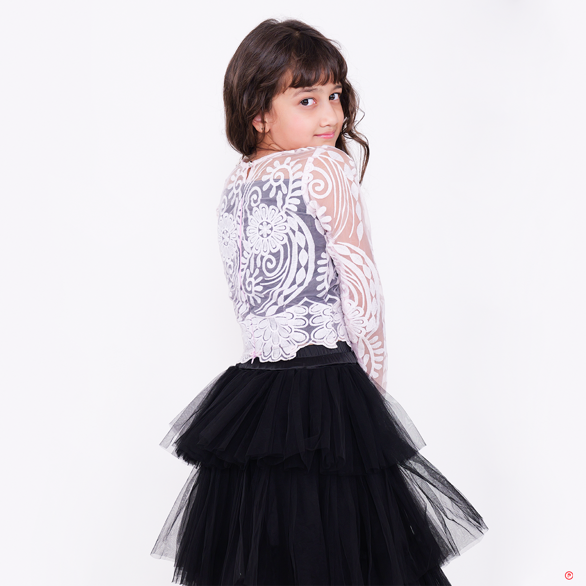 Organza Embroidery Top with Layered Black Skirt