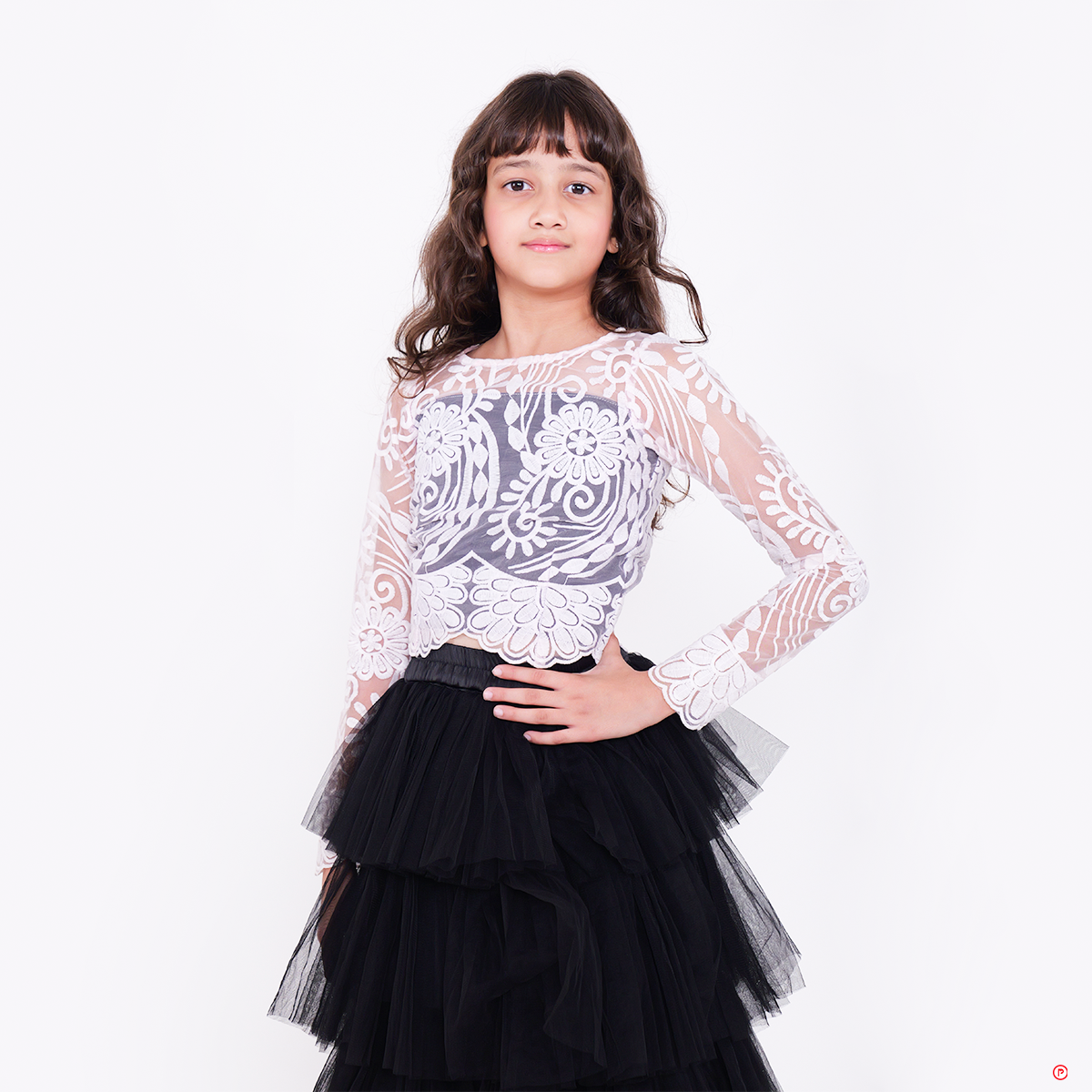 Organza Embroidery Top with Layered Black Skirt