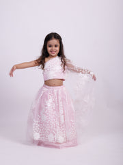 Pink Net Embodied Lehenga with one shoulder Top