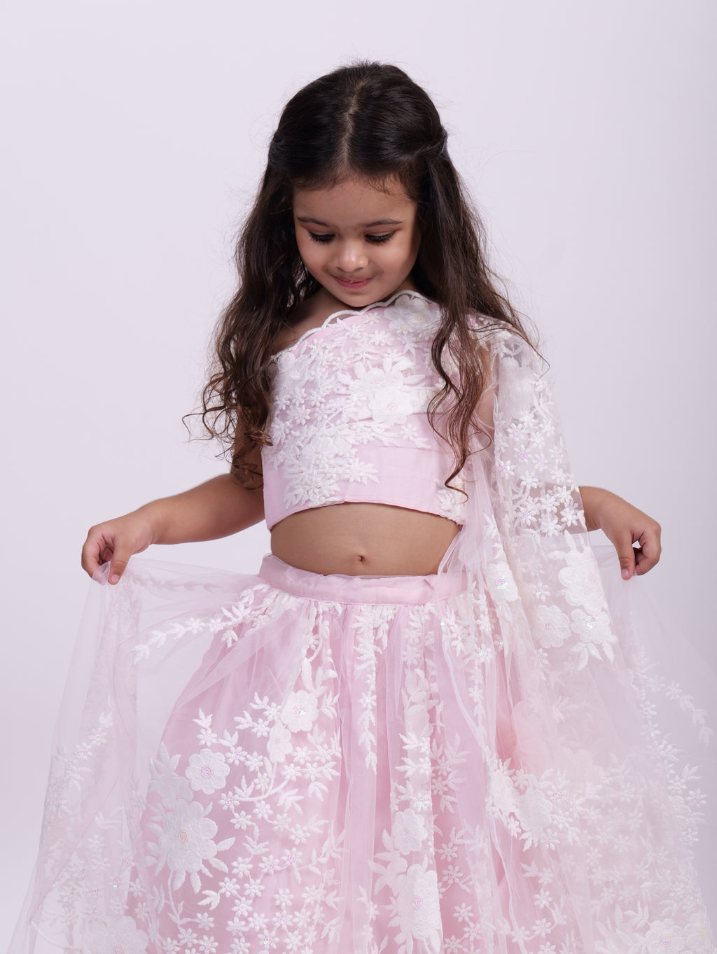 Pink Net Embodied Lehenga with one shoulder Top
