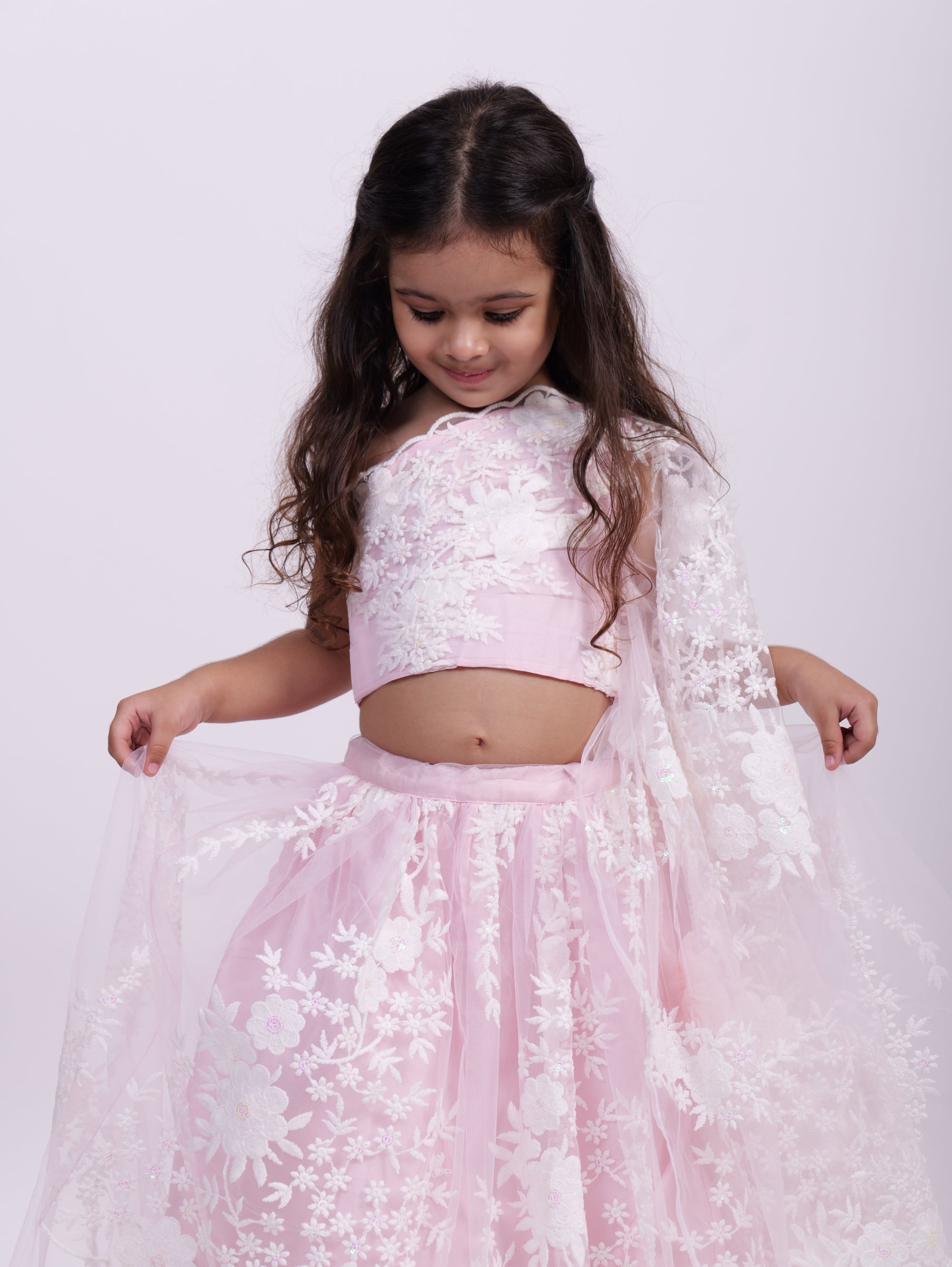 Pink Net Embodied Lehenga with one shoulder Top
