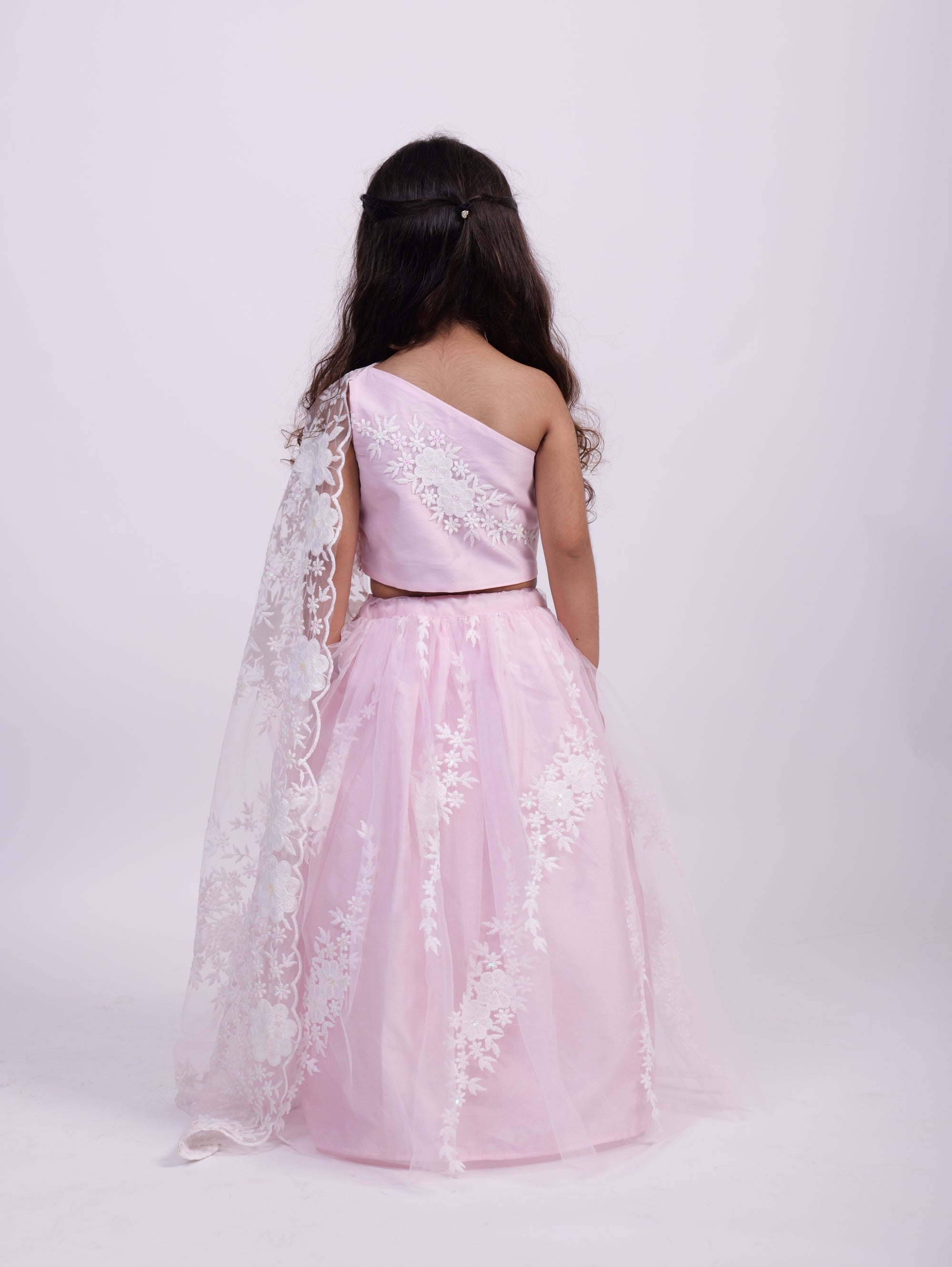 Pink Net Embodied Lehenga with one shoulder Top