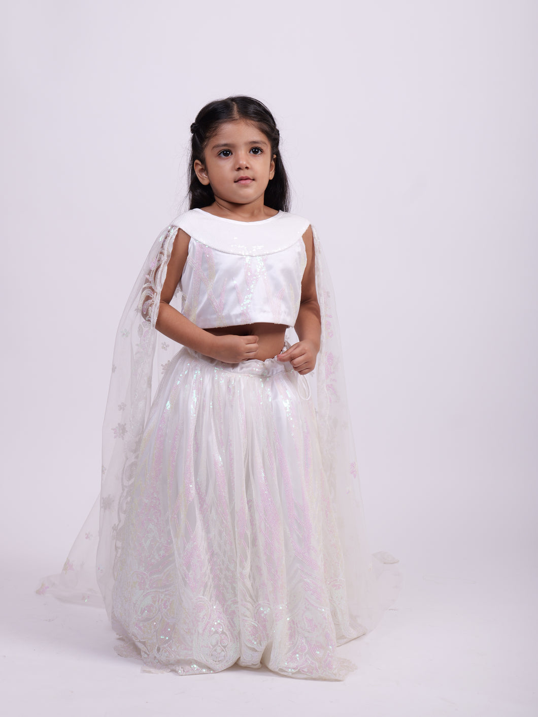 White Sequence Lehenga with attached sleeves