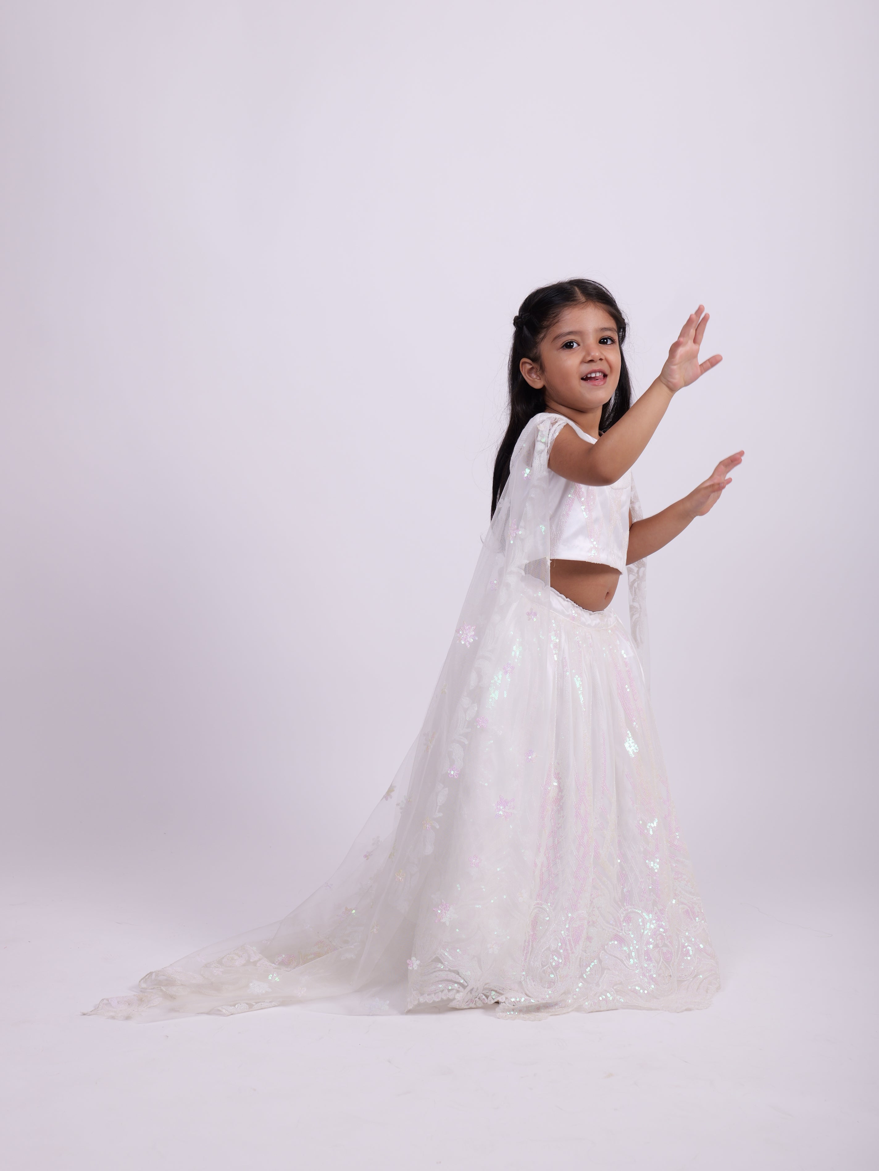 White Sequence Lehenga with attached sleeves