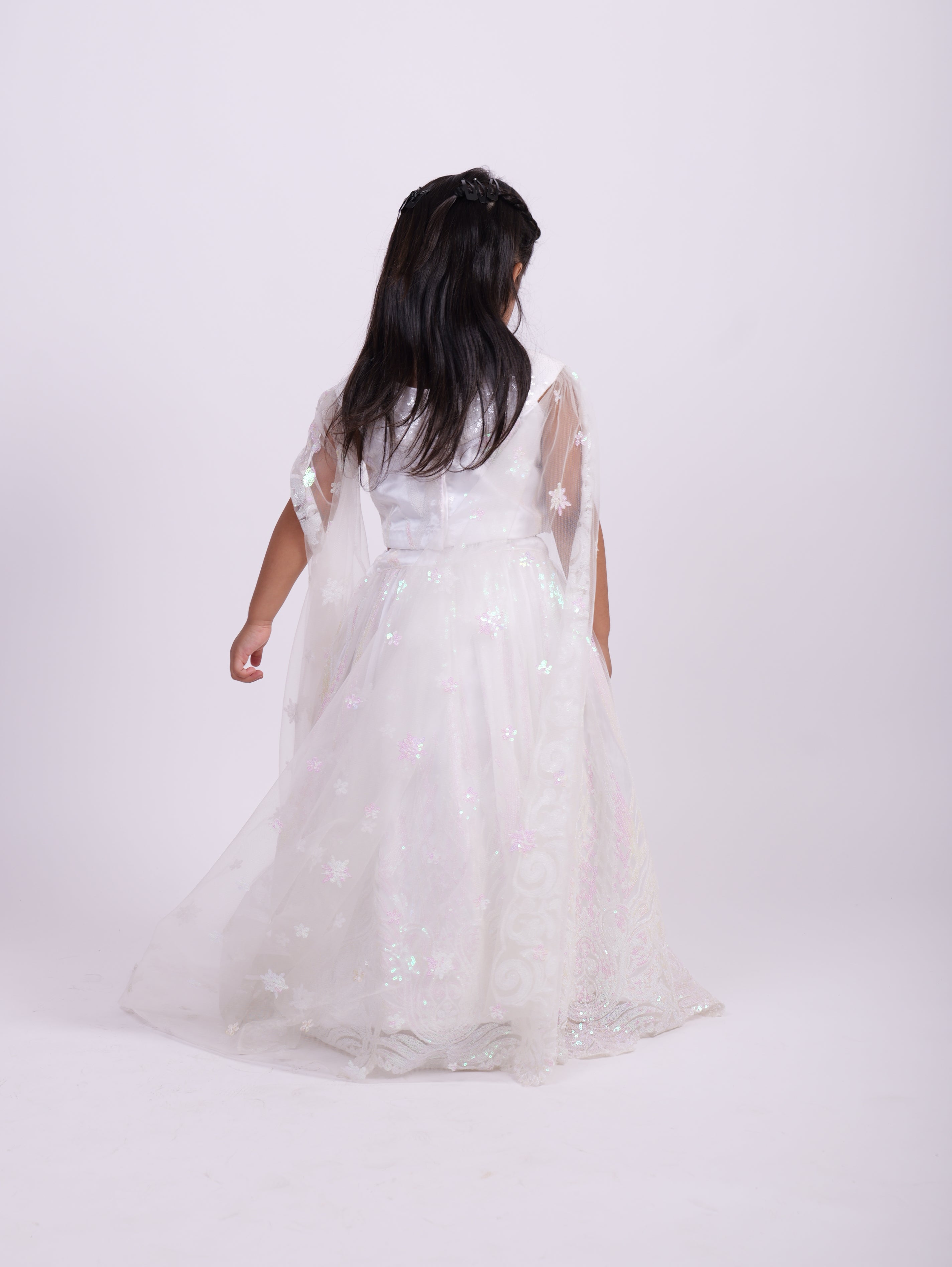 White Sequence Lehenga with attached sleeves