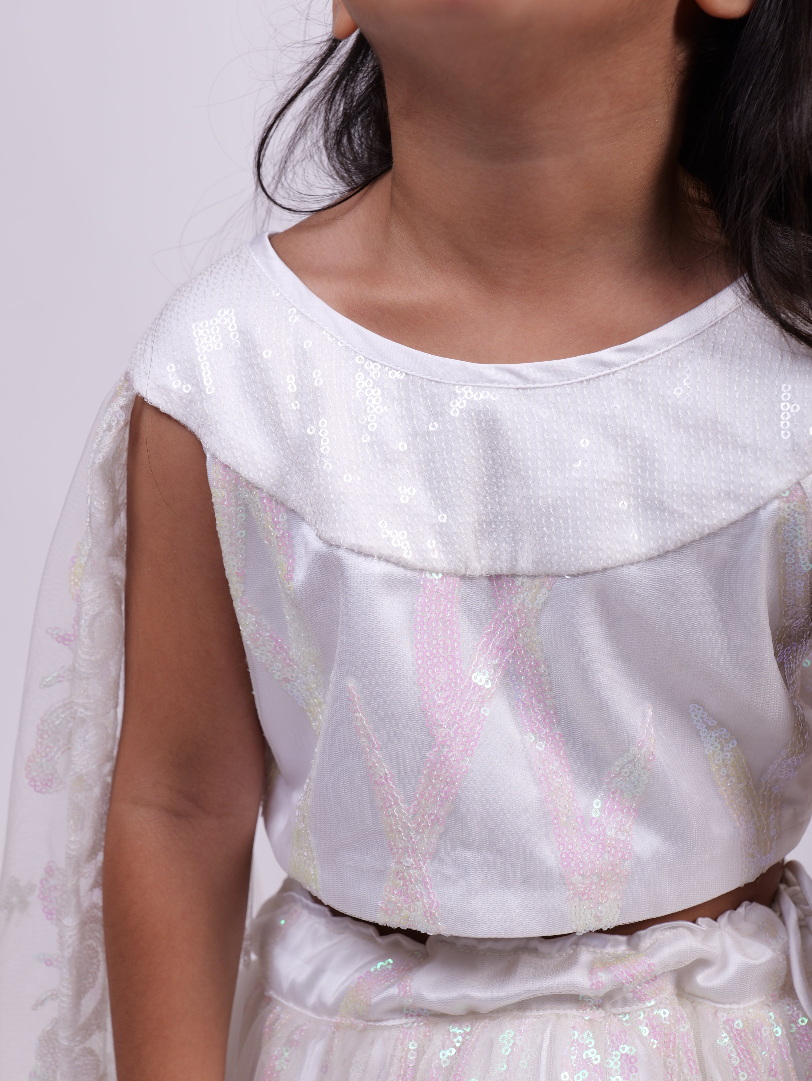 White Sequence Lehenga with attached sleeves