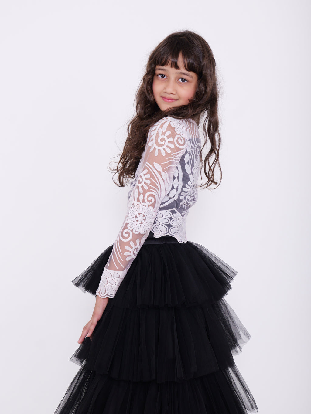 Organza Embroidery Top with Layered Black Skirt