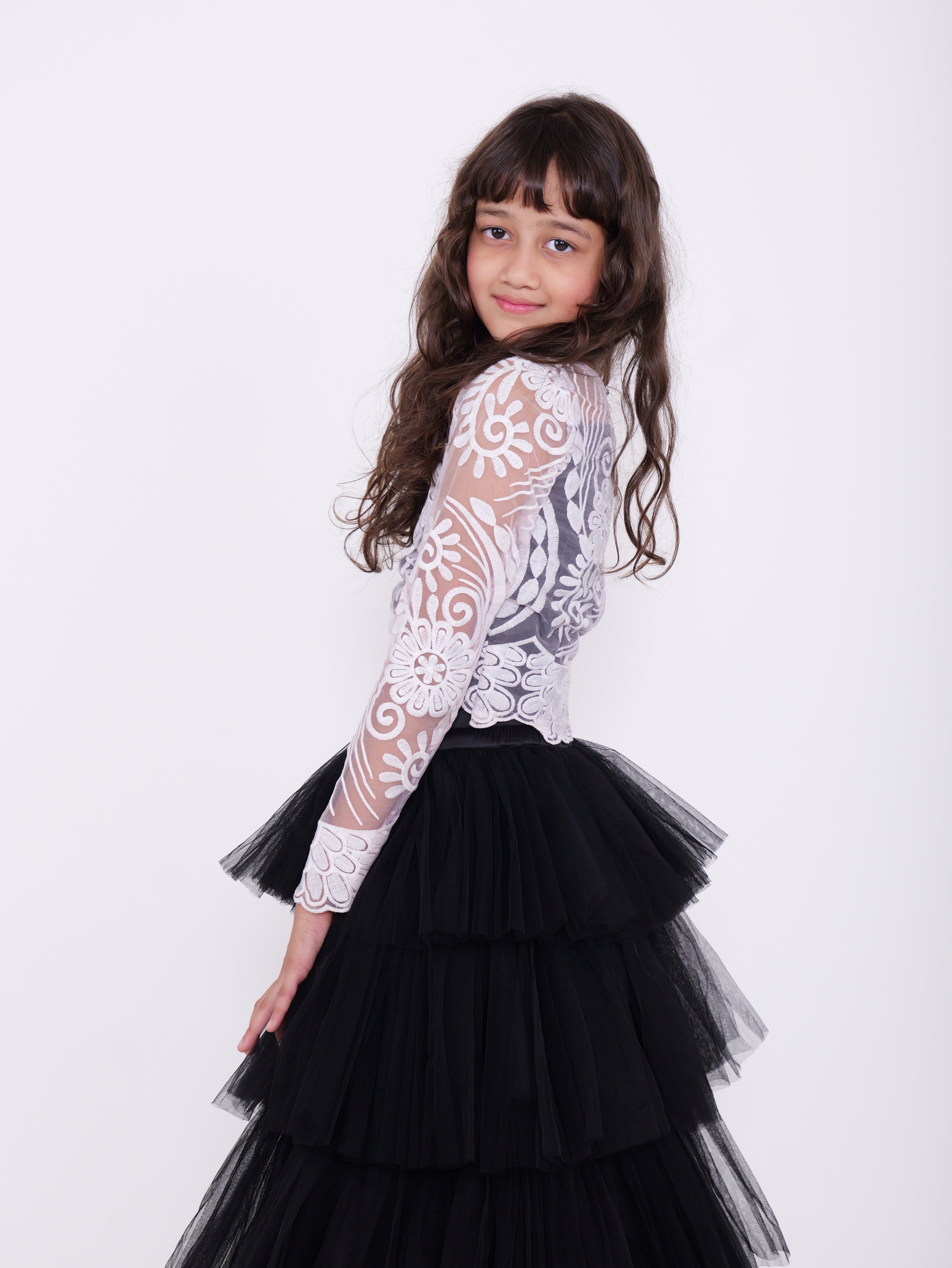 Organza Embroidery Top with Layered Black Skirt