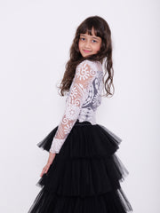 Organza Embroidery Top with Layered Black Skirt