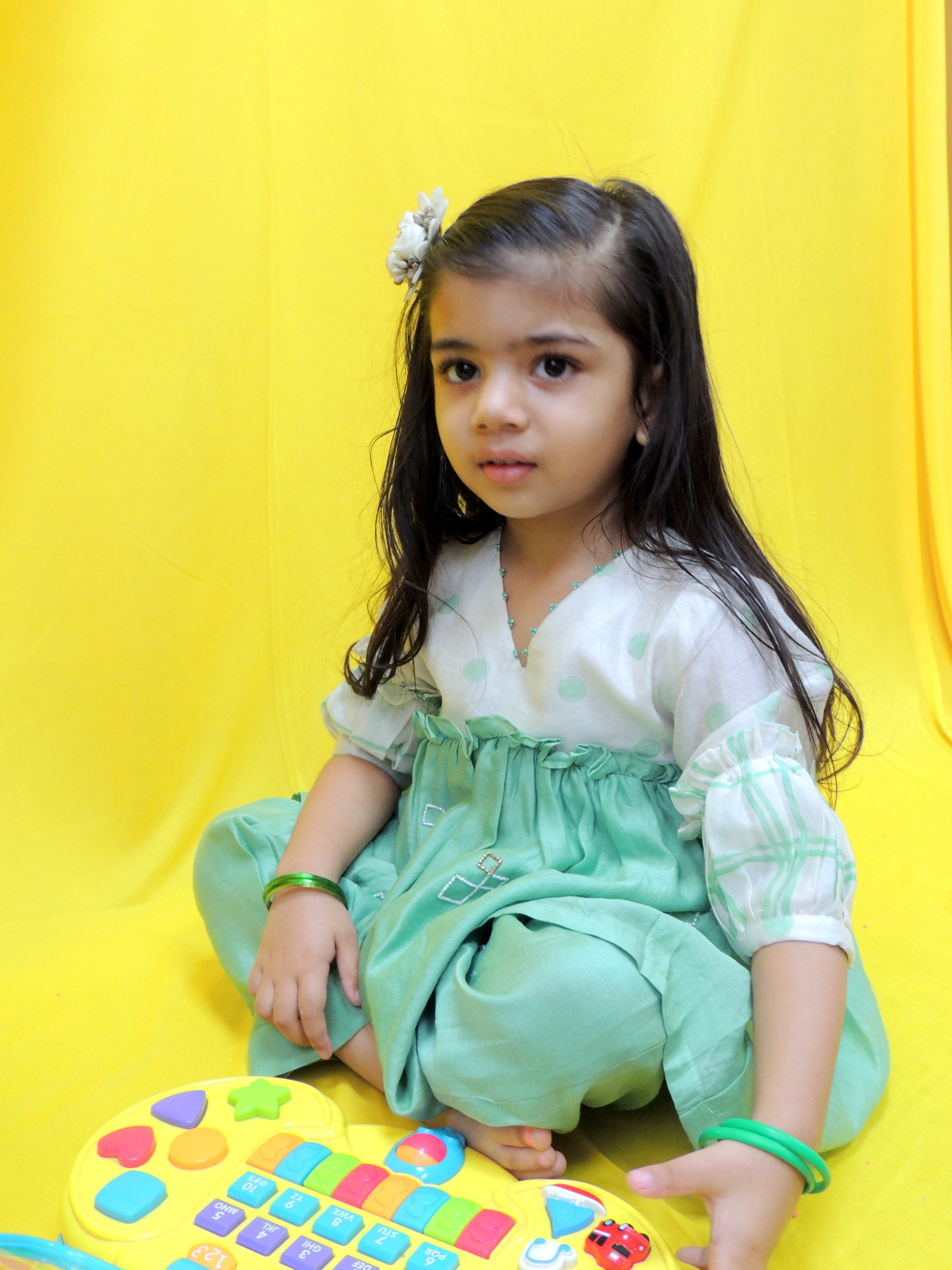 Offwhite and green polka dot and checks handblock printed kurta set
