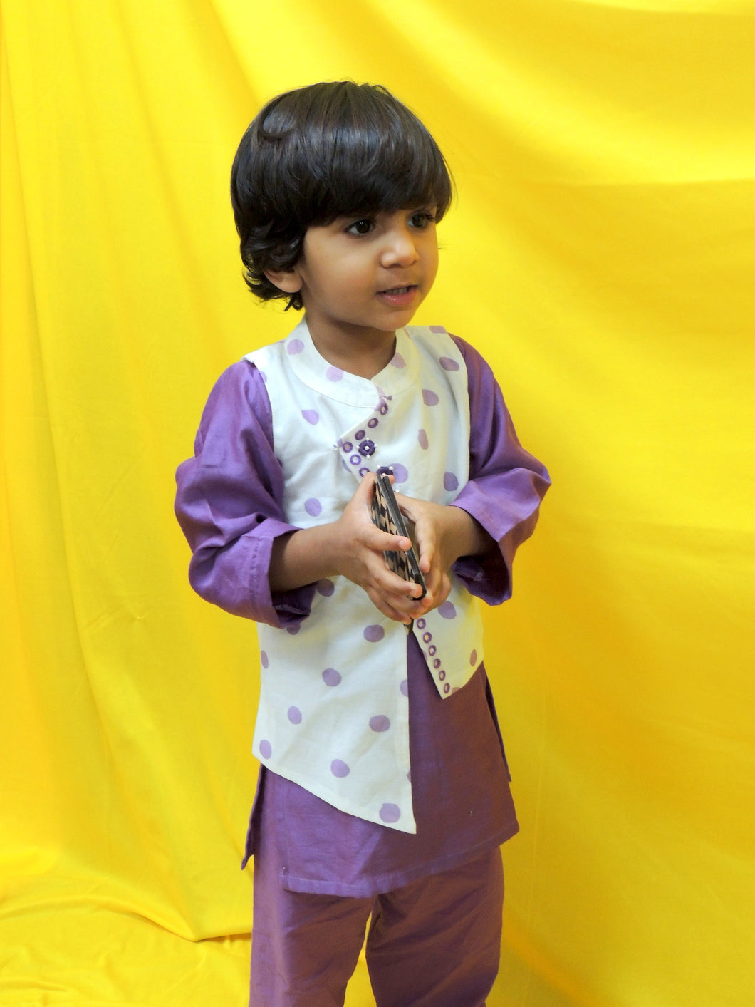 Offwhite and purple polka dot handblock printed jacket kurta set