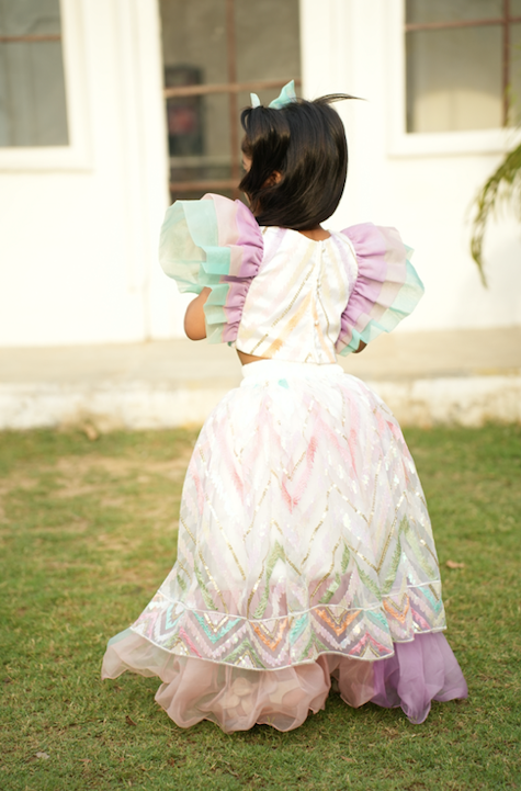 Unicorn Colors Net Sequence Lehenga With Crop Top