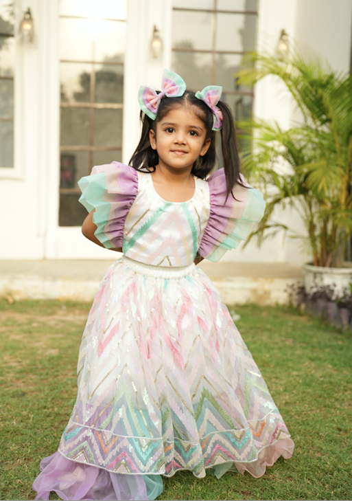 Unicorn Colors Net Sequence Lehenga With Crop Top
